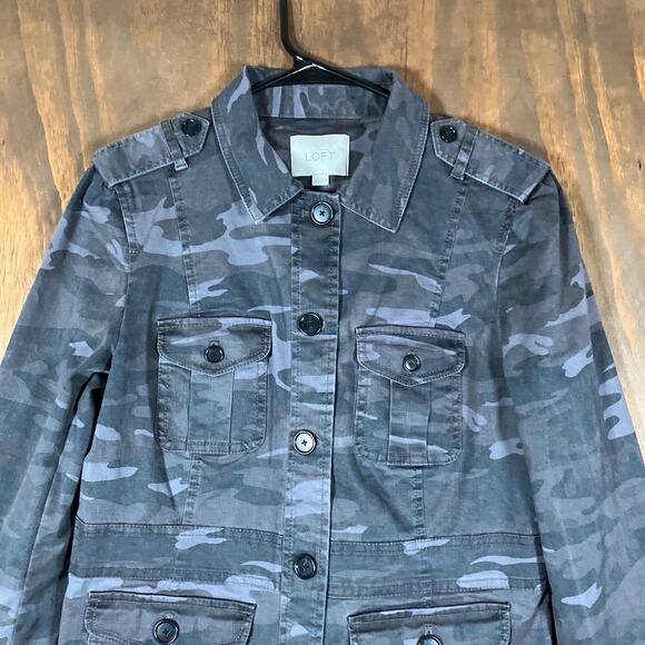 Ann Taylor LOFT Womens Jacket Gray Camouflage Utility Button Up Stretch 6 - Picture 2 of 12